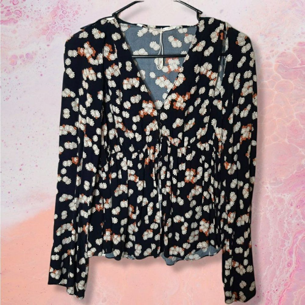 Zara Trafaluc Floral Button Down Peasant Sleeve Blouse sz S